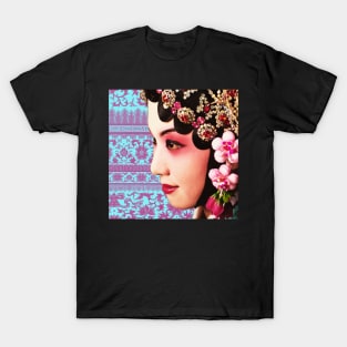 Chinese Opera Star Blue with Blush Pink Traditional Floral Pattern- Hong Kong Retro T-Shirt